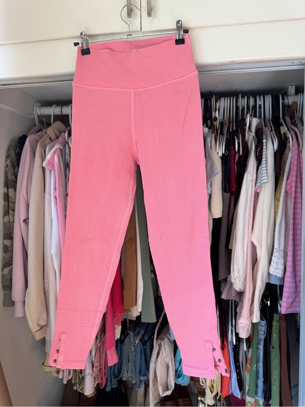 aerie Pink Ribbed High-Waist Leggings with Button Hem